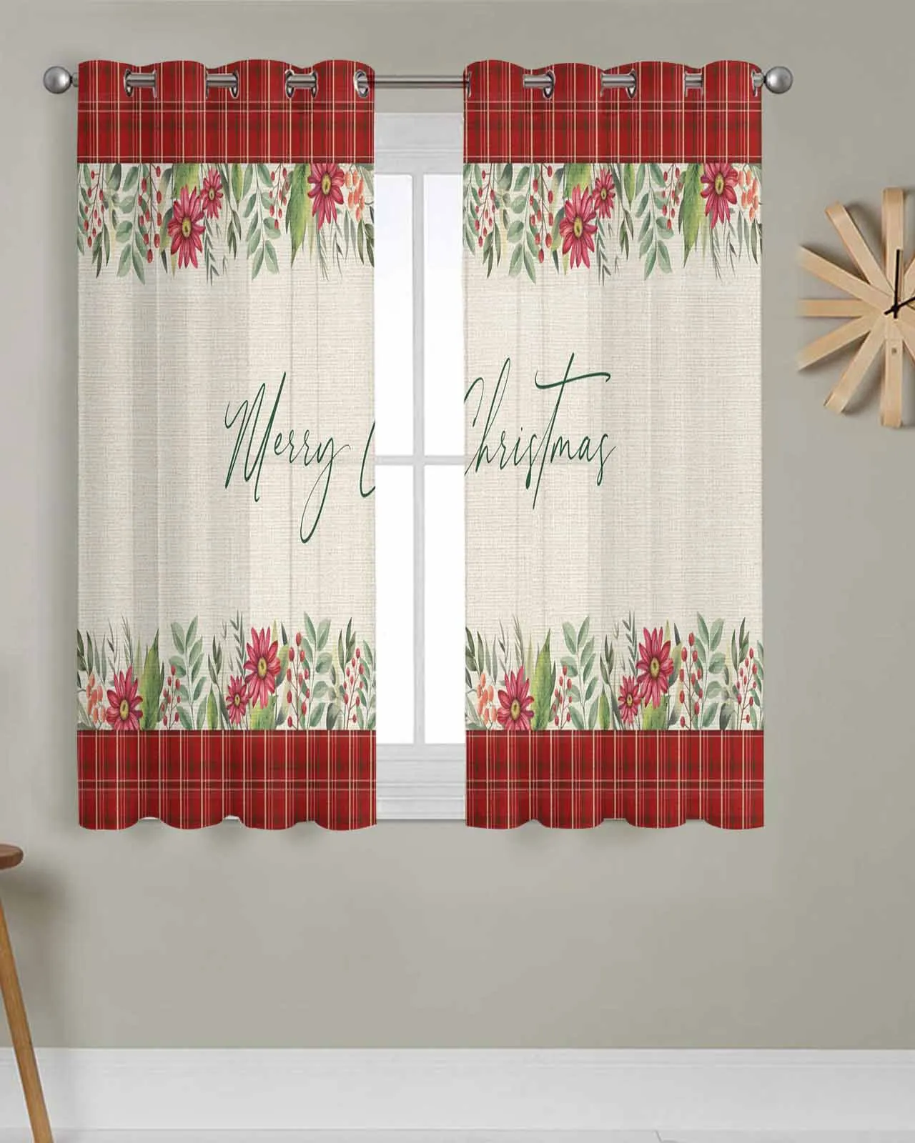 

Тюлевые оконные шторы с рождественскими ягодами в клетку с цветком для гостиной, спальни, прозрачная шифоновая прозрачная вуаль, оконная занавеска