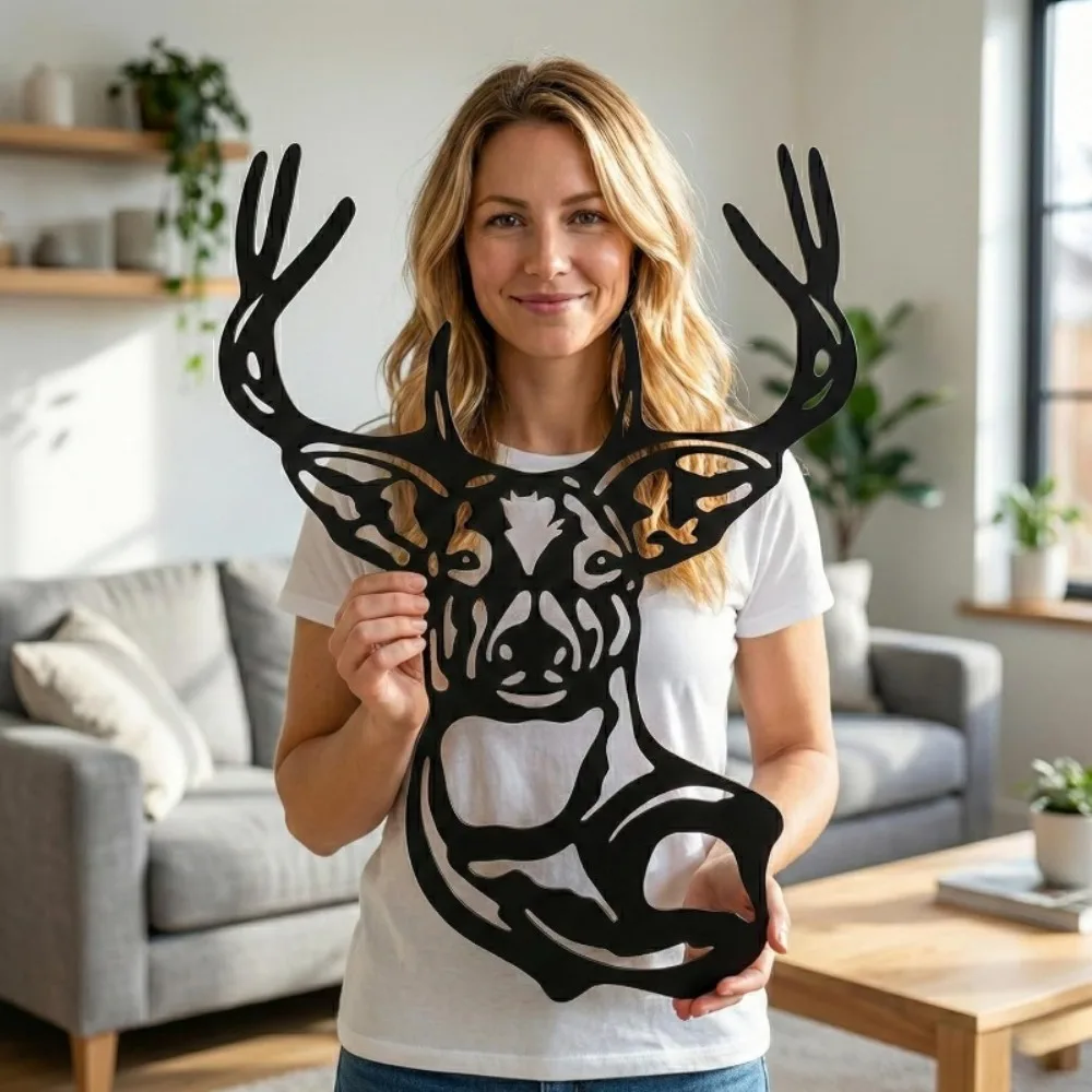 Metal Wall Art Deer Head, 3D Silhouette Home Decor, Hook for Living Room Bedroom Office, 33x46cm