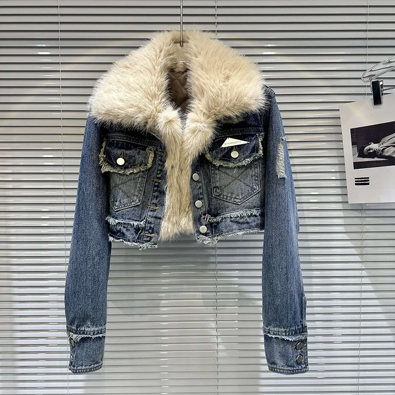 Women's Autumn Winter New Environmental Protection Fur Collar Quilted Denim Jacket Niche Fashion Short Jean Coat