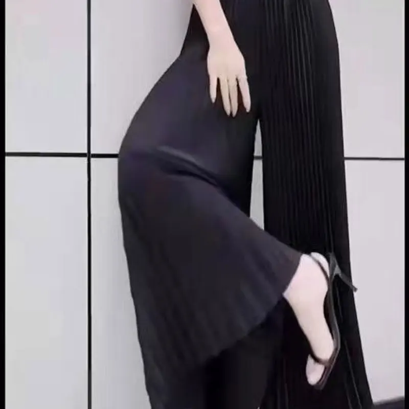 Casual Wide Leg Fashion Pleated Cropped Pants Spring Summer All-match Women's Clothing Bright Line Decoration Elastic Trousers