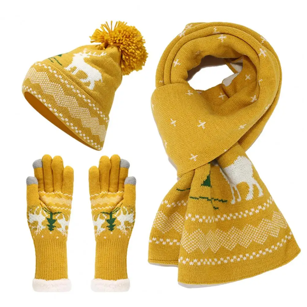 3 Pcs/Set Unisex Christmas Hat Scarf Gloves Set Elk Tree Pattern Cap Gloves Neck Wrap Set Elastic Touchscreen For Cold Weather