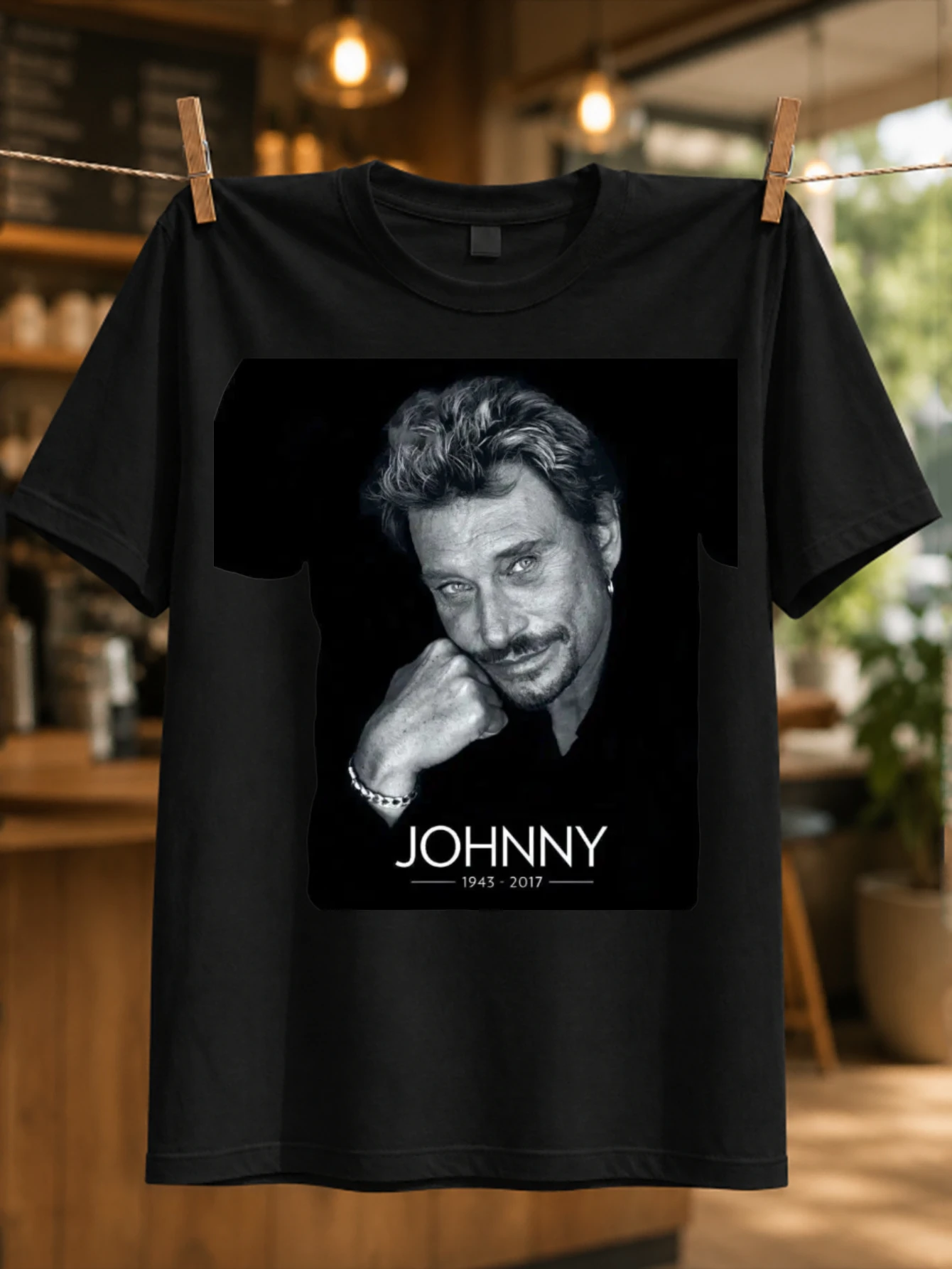Johnny Hallyday reaching stage pose with Merci Pour Les Souvenirs text and tribute signature Unisex  Unisex All T-Shirt