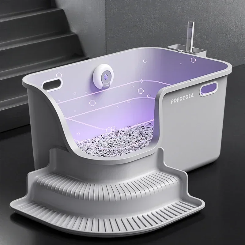 Semi-Closed Cat Litter Box Large Cat Sand Box with U-Type Exit Super-Large Multi-Story Toilet for Easy Cleanup Anti-Splash Tray