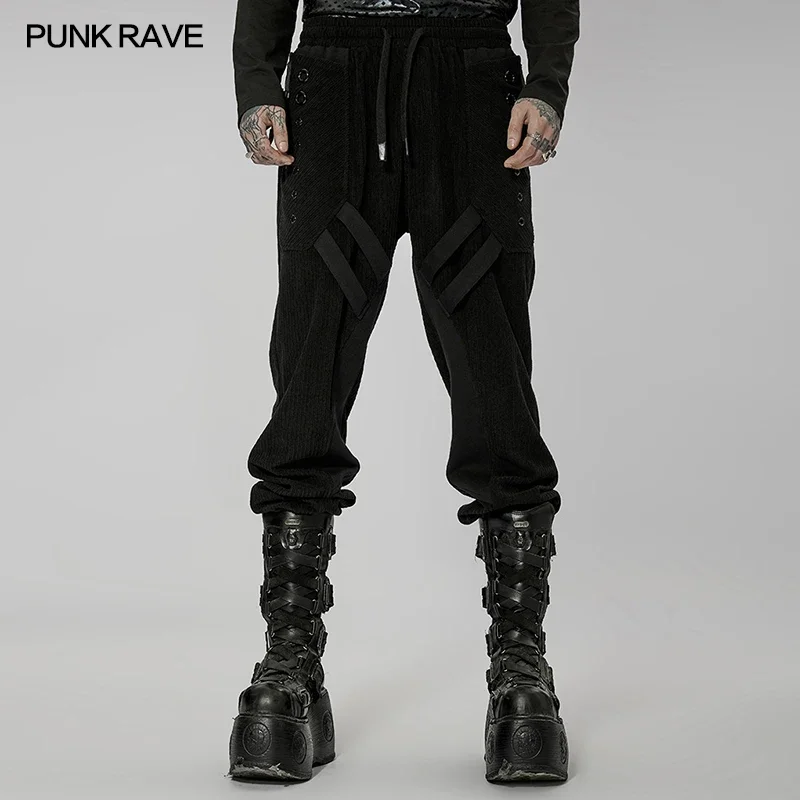 

PUNK RAVE Men's Post-apocalyptic Style Corduroy Spray Painting Pants Punk Pockets Loops & Eyelets Decorate Loose Black Trousers