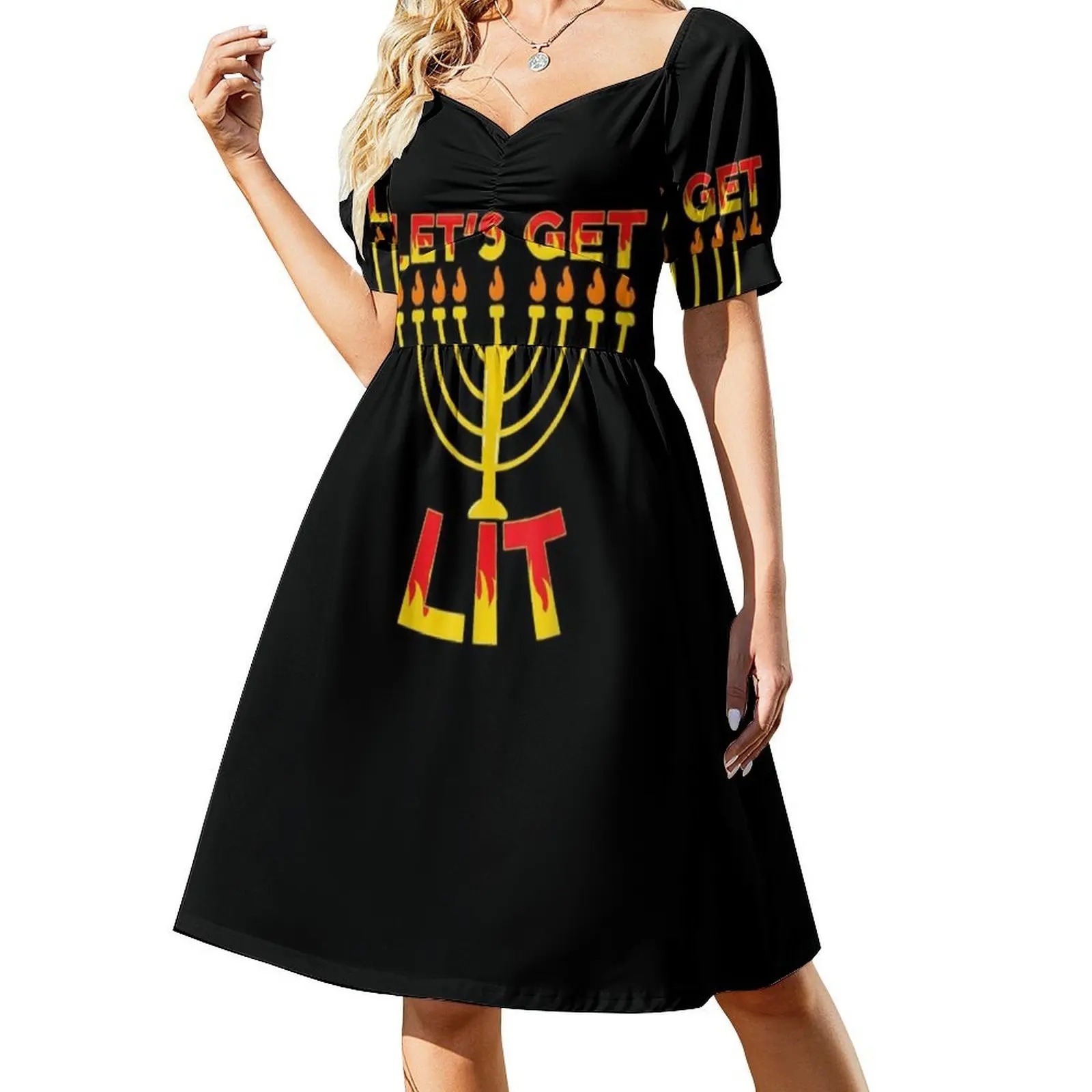 Let39 ; S Get Lit Funny Juish Hannukah Candle Holiday Vestido de fiesta elegante para mujer Vestido de corte A con corto/largo/sin mangas
