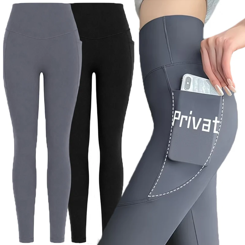 Solid Seamless Leggings with Pocket Women High Waist Butt Lifting Yoga Pants Slim Tight Workout Running Cycling Sports Leggings