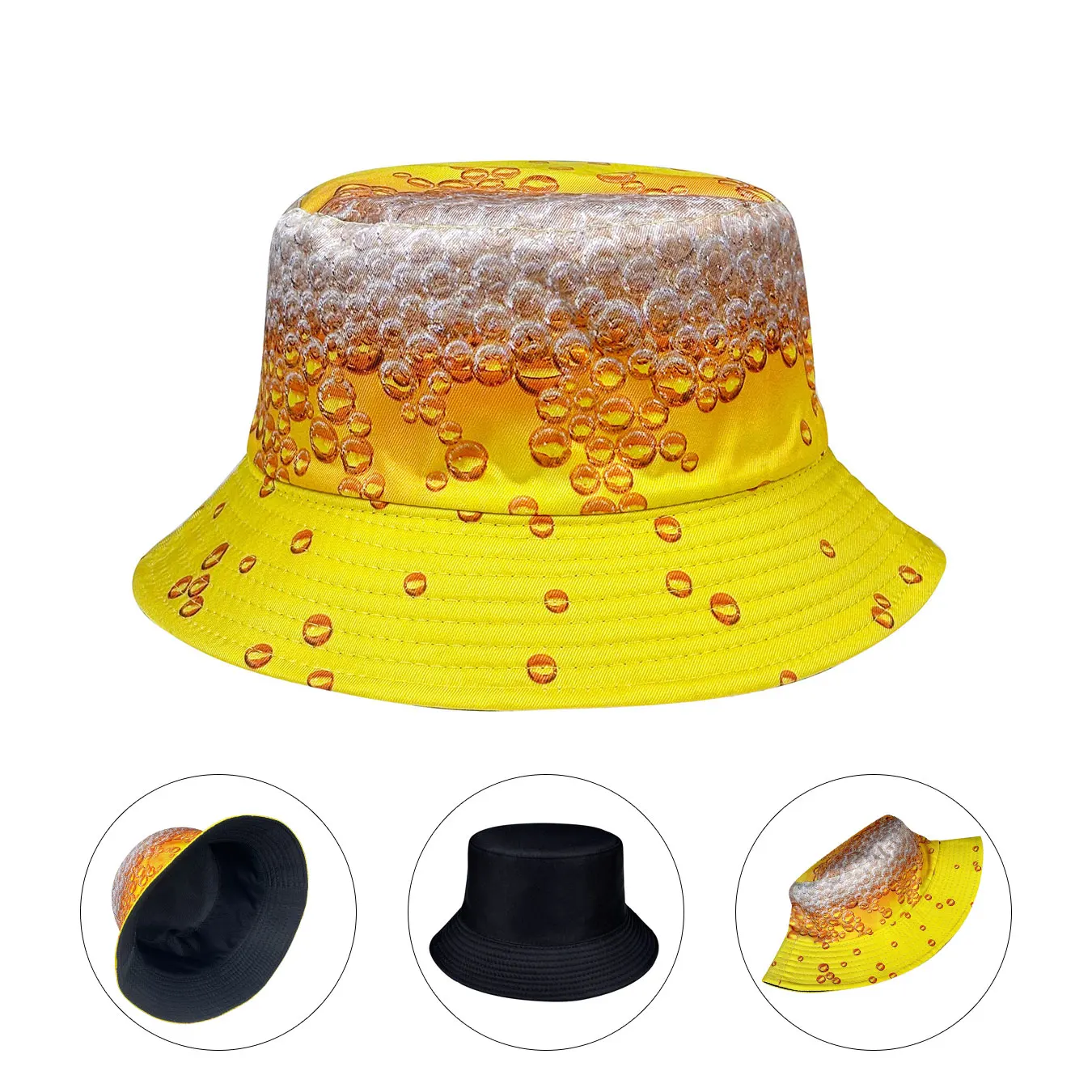 Chapéu de balde de bolha de cerveja amarela, chapéu de sol para festival de primavera e verão, chapéu de pintor artístico versátil, chapéu de balde elegante reversível e dobrável, adequado para viagens ao ar livre e festas de festival
