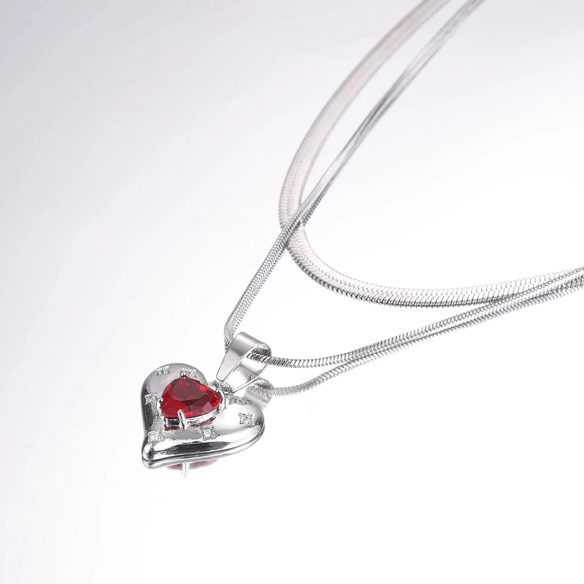 Fashion Trend Elegant Jewelry Double Layered Red Crystal Heart Pendant Snake Chain Necklace For Women Valentine's Gift N0481