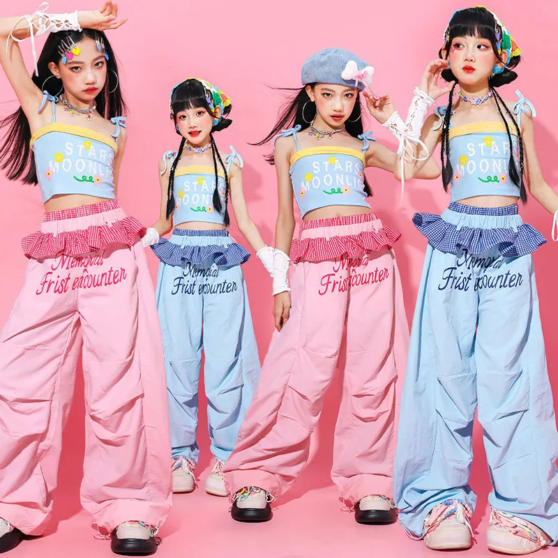 Girl Jazz Dance Costume Kpop Outfit Children Performance Show Stage Wear Summer Blue Vest Silver Sequin Shorts Streetwear