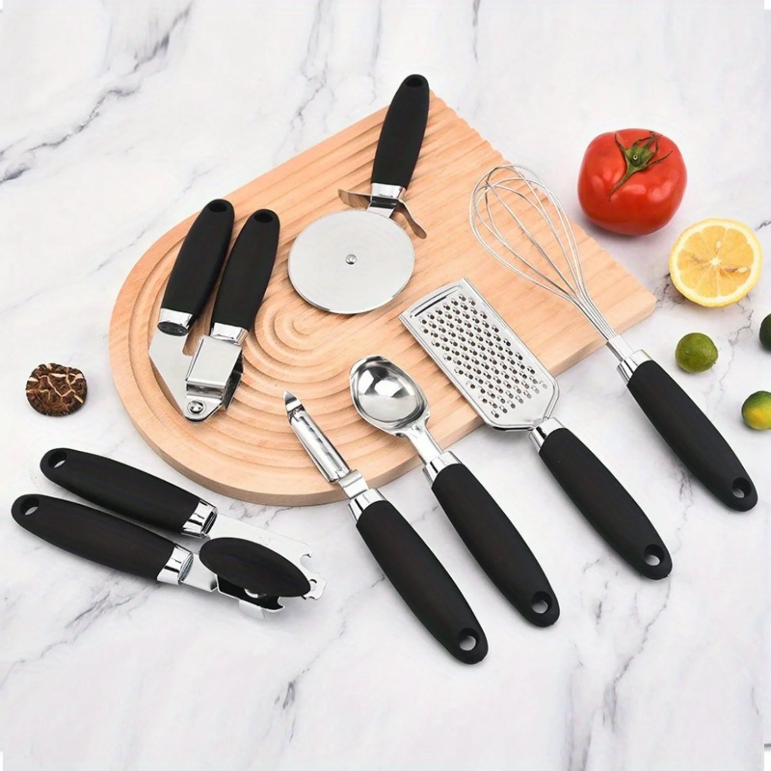 7-Piece Stainless Steel Kitchen Tool Set - Can Opener, Pizza Cutter, Egg Beater, Peeler - Durable Manual Cooking Essentials Eggs 