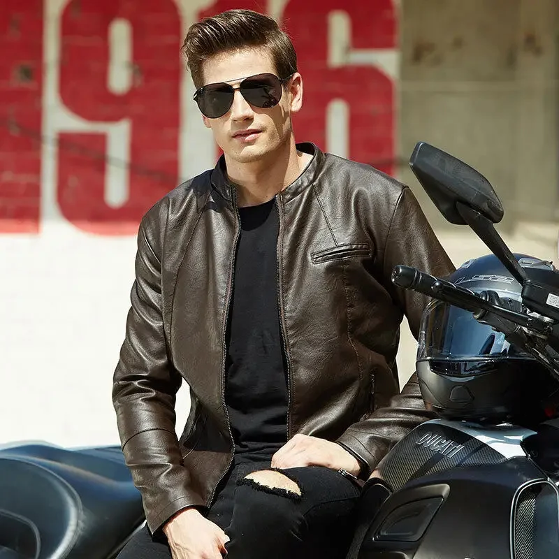 WINSTAND Spring and Autumn Men's Stand Collar Plus Velvet Thick Zipper PU Youth Motorcycle Leather Jacket Men