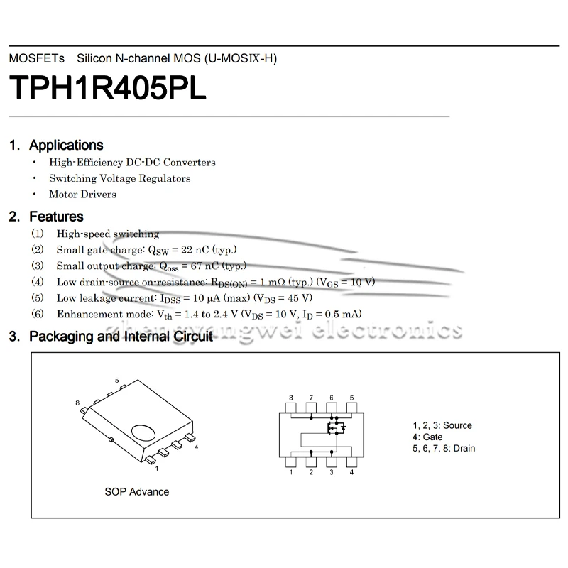 TPH1R405PL SOP-8 TPH1R4 2PCS TPH1R405PL N-channel Field Effect Transistor