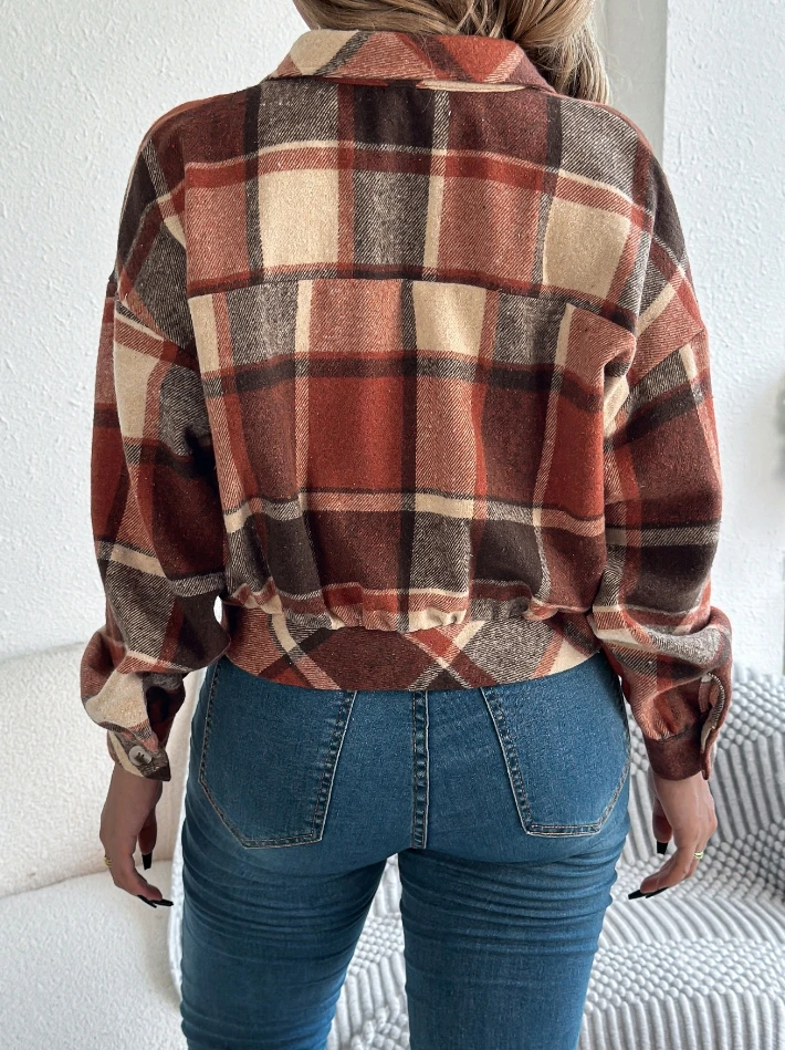 Women's Jacket Fashion Casual Plaid Fake Pocket Long Sleeved Woolen Jacket Retro Minimalist Personalized Commuting Jacket