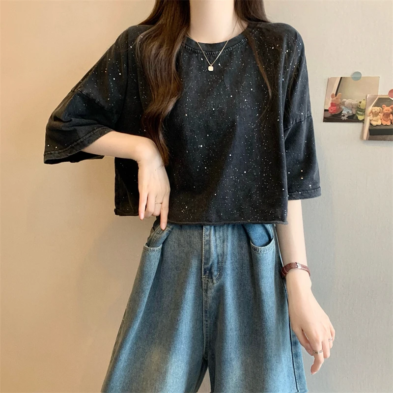 Vintage-Mode Diamanten Frauen T-Shirt 2025, vielseitig, lose O-Ausschnitt, halbe Ärmel, bauchfreie Tops, neuer koreanischer Stil, schwarze T-Shirts