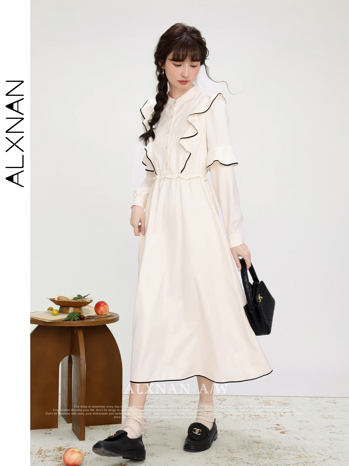 

ALXNAN Gentle Dresses for Women Autumn 2024 New Midi A-Line Intellectual Elegance Long-sleeve Fairy Female Daily Dress LXN31781