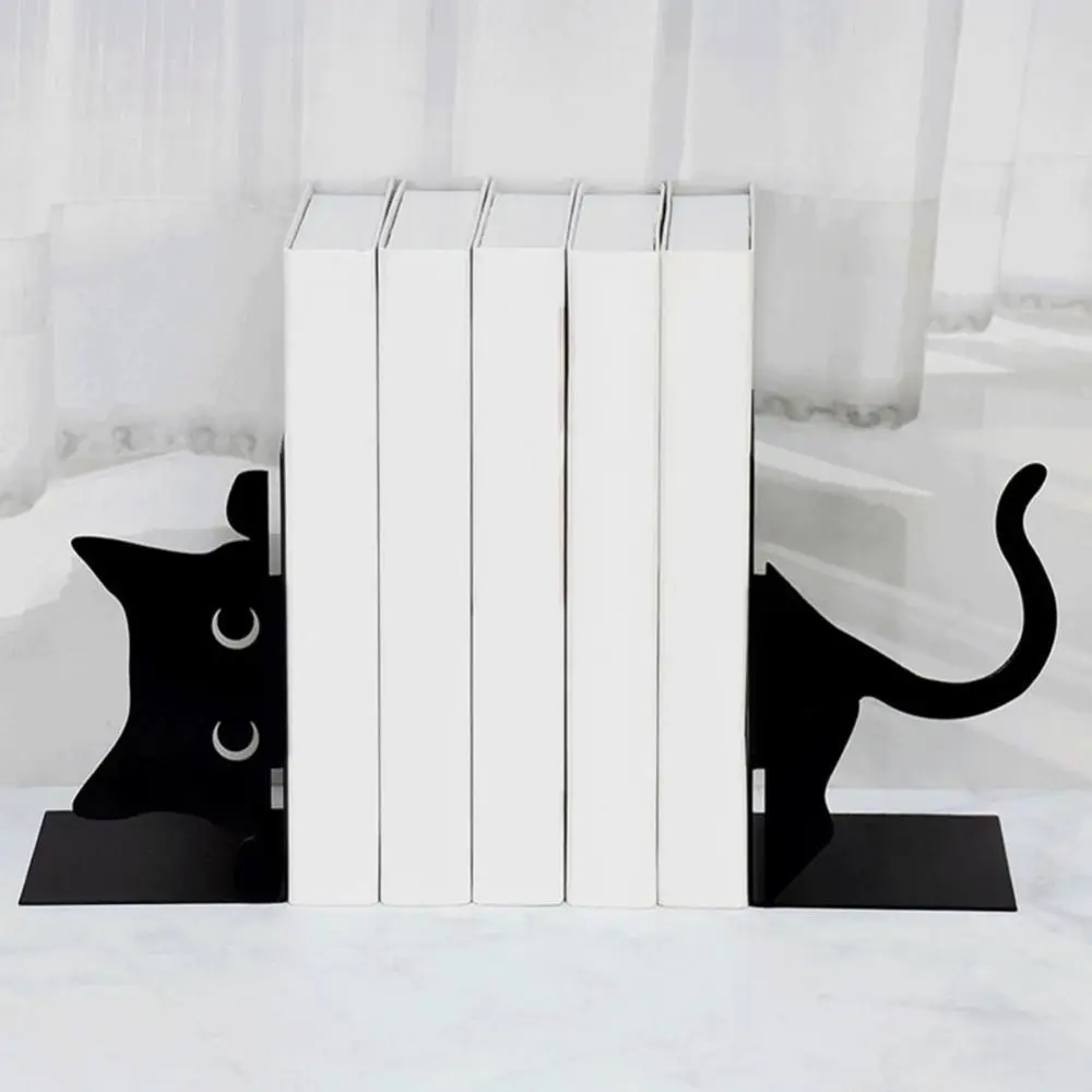 

Creative Whimsical Cat Design Metal Bookends Cartoon Rounded Edges Book Holders Black Decorative Cat Bookends Home