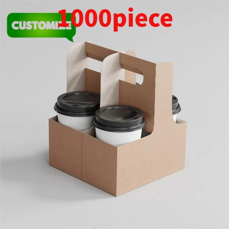 10 00piece.Custom.Bio-degradable Customized Take Away Hot Drink Coffee Tea Cup Holder With Handle Kraft Paper Cup Holder