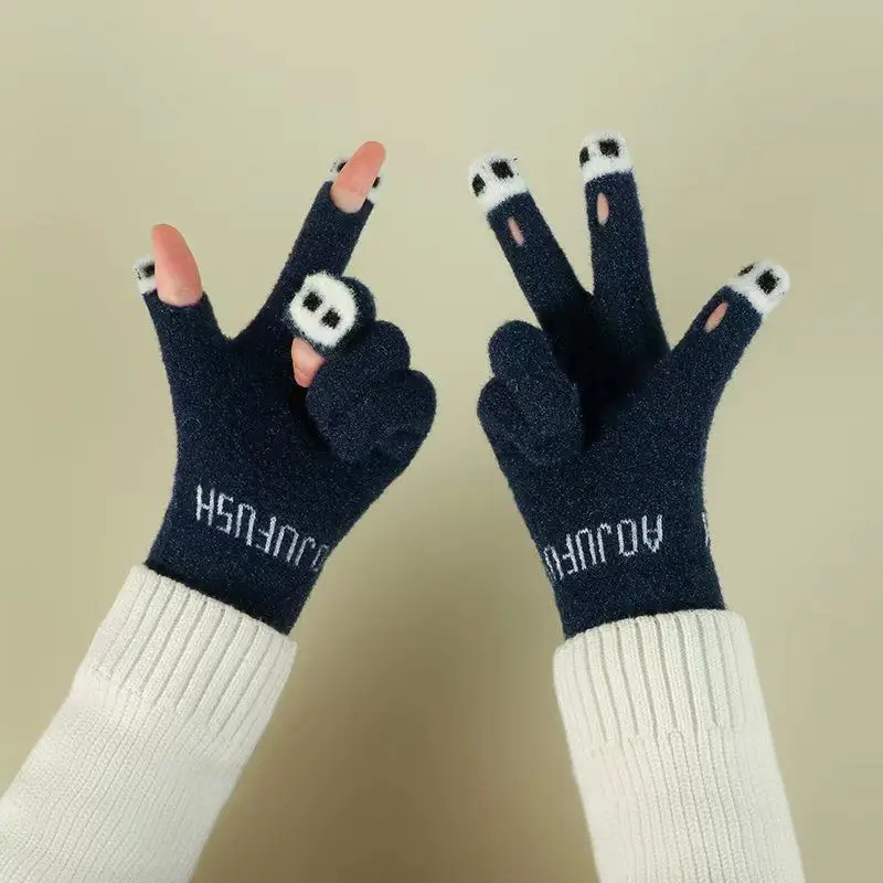 Cute Panda Fingertip Thicken Warm Gloves Women Girls Winter Knitted Fingerless Gloves Full Finger Mittens Outdoor Skiing Gloves