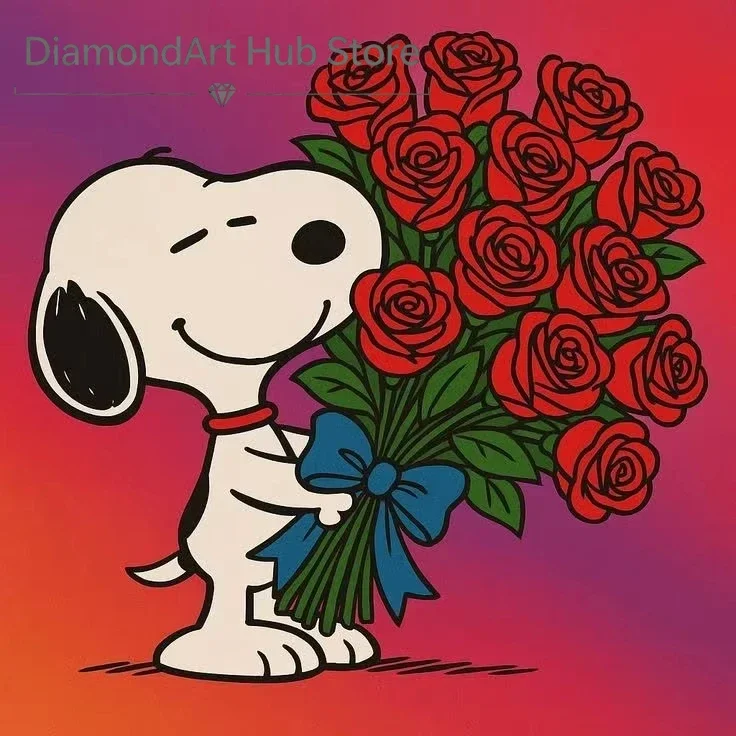 Snoopy 5D Full Round Drill Diamond Painting Kit, Red Rose Bouquet Cartoon DIY Mosaic Wall Decor