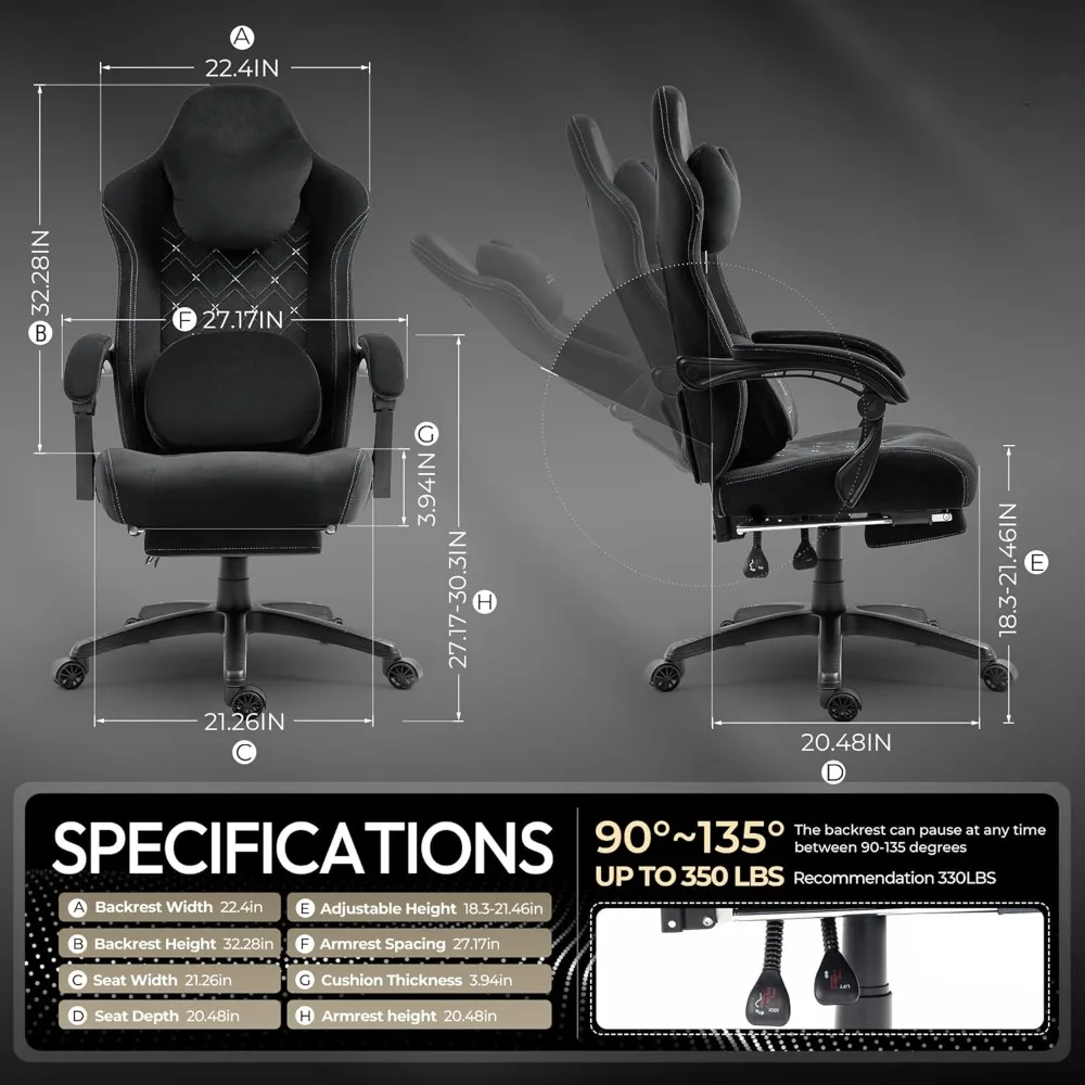 Gaming Chair with Heated Massage Lumbar Support, Footrest and Pocket Spring Cushion, Breathable Fabric Tall Gaming Chair