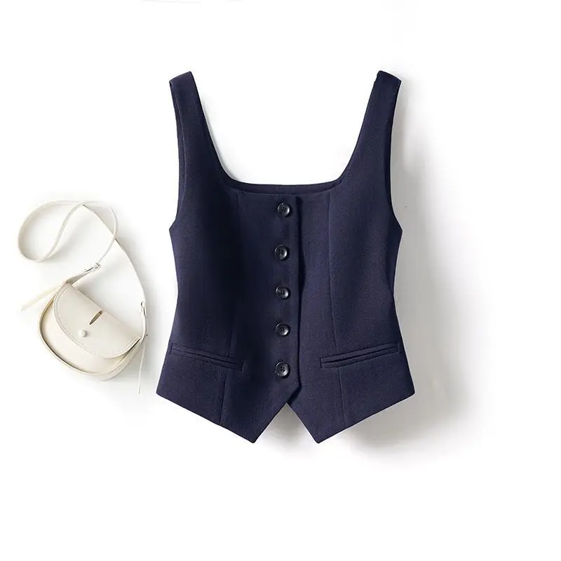 Women's 2026 Spring New Navy French Square Neck Slim Fit Cropped Blazer Vest Elegant Layering Chic Korean Office Trendy