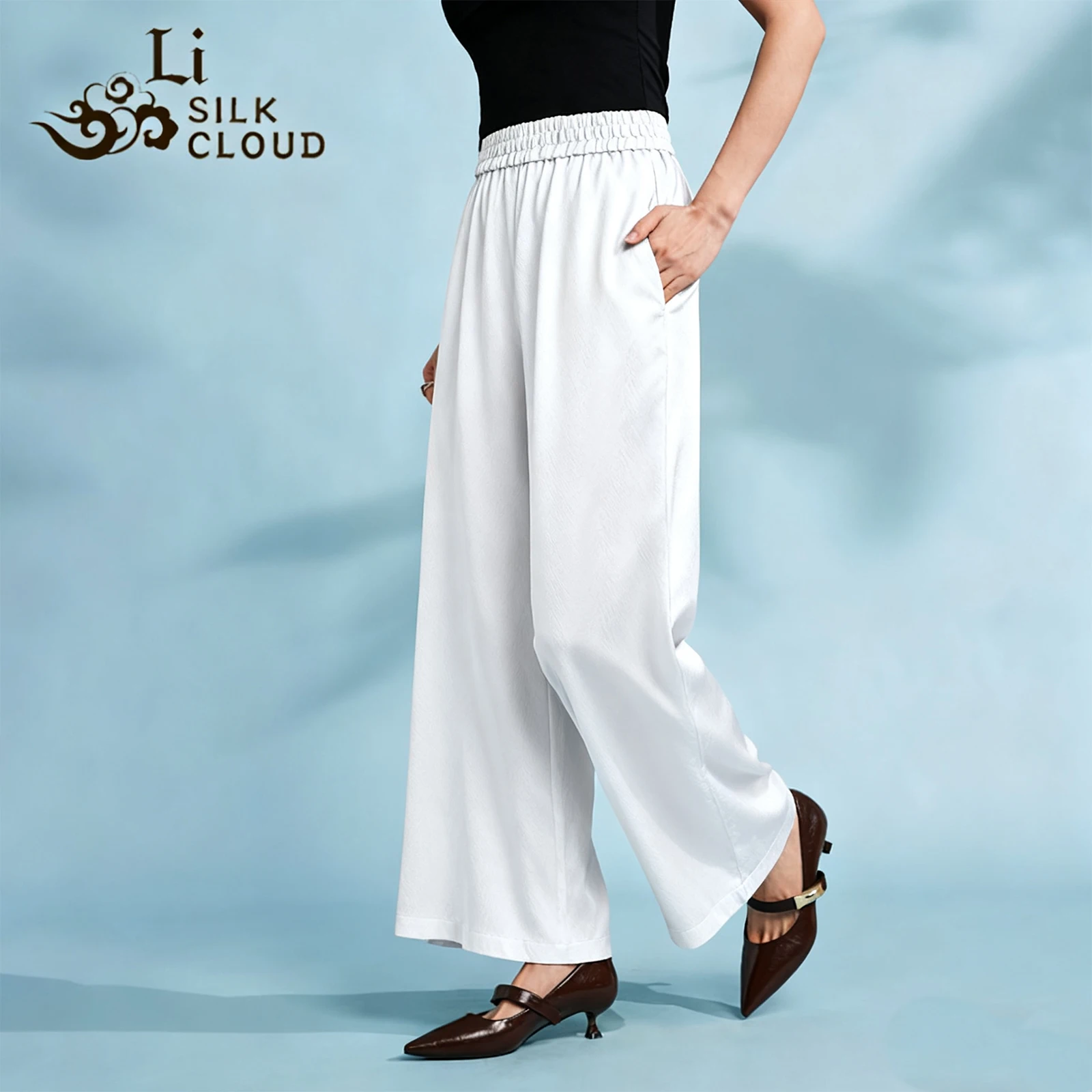 

LI SILK CLOUD Брюки из шелкового шелка с высокой талией и драпировкой Свободные шелковые брюки