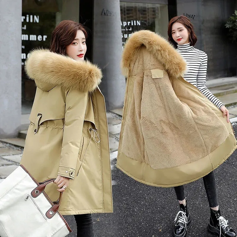 2022 New Winter Jacket Women Parkas Warm Fur Collar Jacket Long Hooded Parka Coat Female Fur Lining Thick Office Lady Streetwear