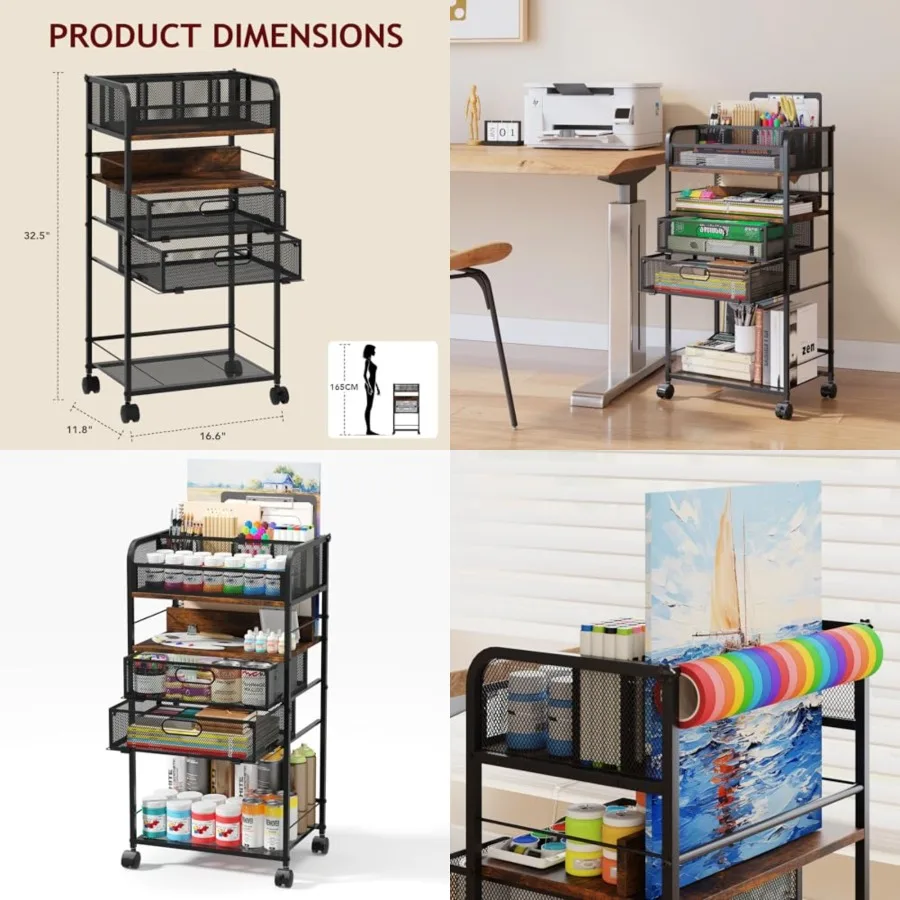 

Art cart 5 Tier Rolling Cart - Utility Cart with Storage Drawer and Wheels Versatile Art and Craft Organizer for Home Office or