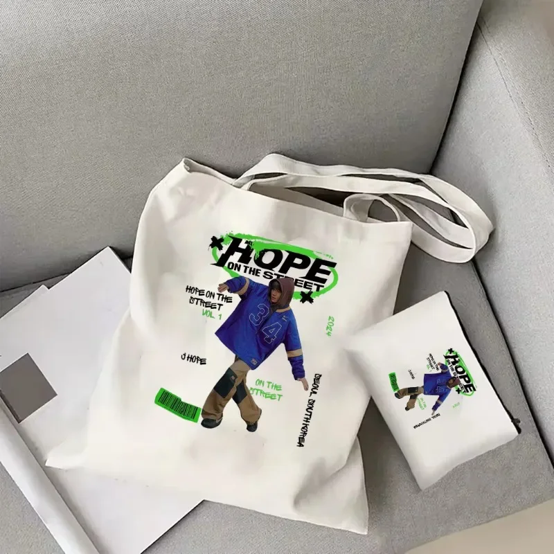 Hope on The Street Canvas Bag Kpop J-hope Y2K Aesthetic Print Tote Bag Jung Hoseok Casual Women's Fashion Portable Shoulder Bag