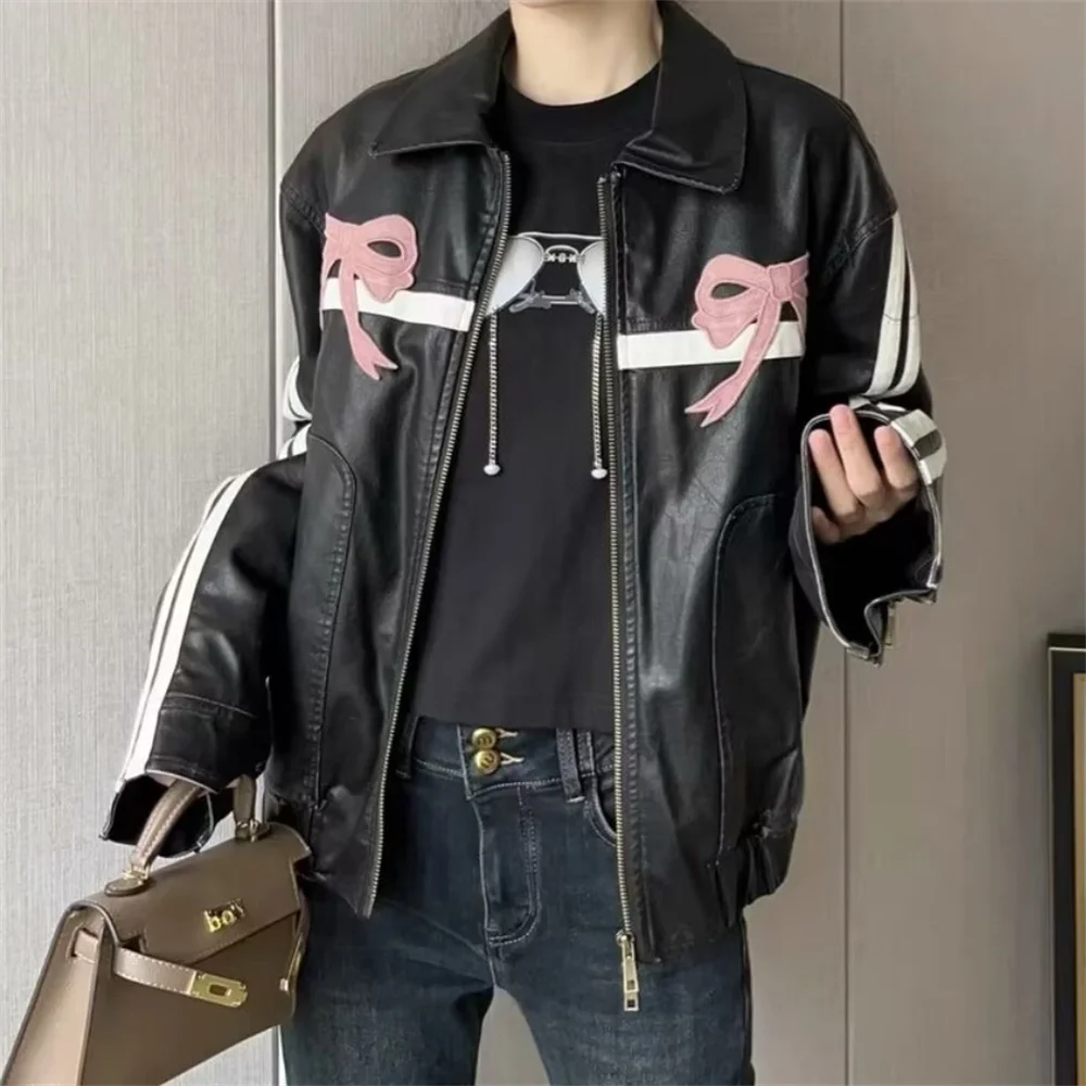 PB&ZA 2024 Spring New Women\'s Fashion Style Loose and Versatile Sweet Cool Bow Decoration Flip Collar Leather Coat