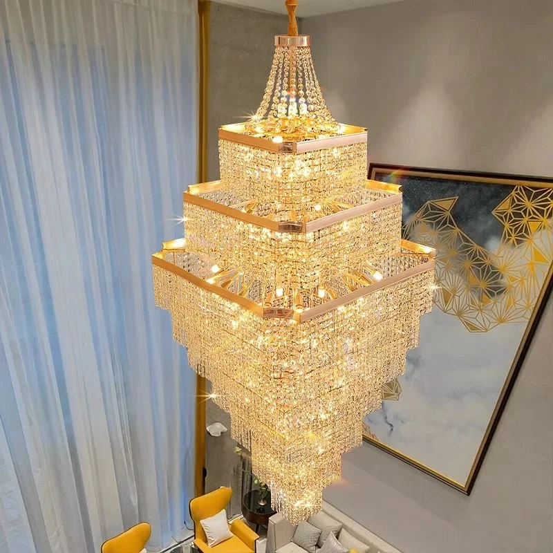 Luxury Multi-Layer Crystal Chandelier, Gold Square Fixture, Staircase Villa Living Room Pendant Light, Vintage Home Decor Lamp
