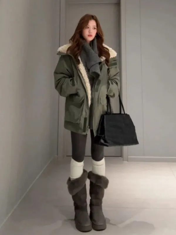 

Корейская модная куртка из хлопка с воротником из овечьего меха, рабочая одежда, стильная верхняя одежда, осень 2026, длинная, на молнии