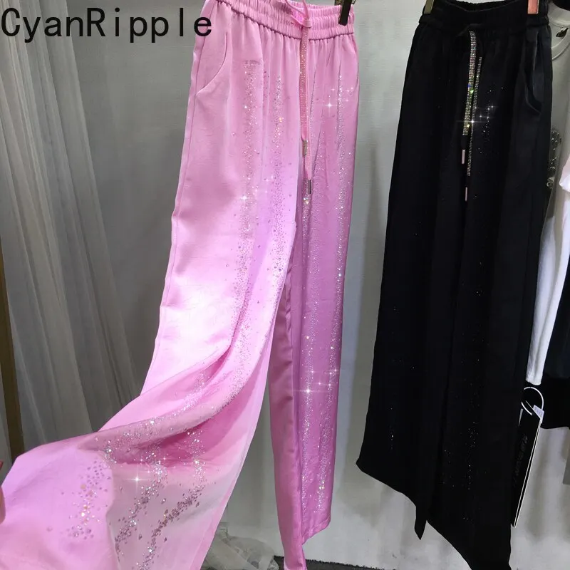

Blingbling Shiny Hot Diamonds Silky Satin Elastic Waist Casual Straight Pants All-match New Spring Summer Wide Leg Long Trousers