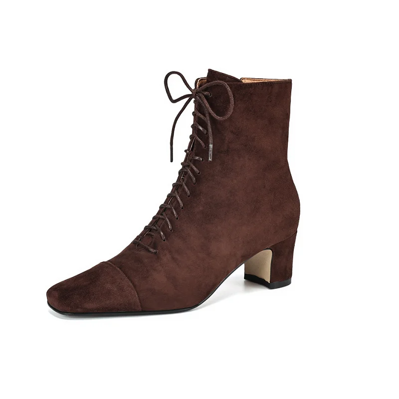 

Women Ankle Boots Square Heel Elegant Shoes Sheepsuede Spring Autumn Women Boots Side Zip Suede Leather Winter Shoes Round Toe