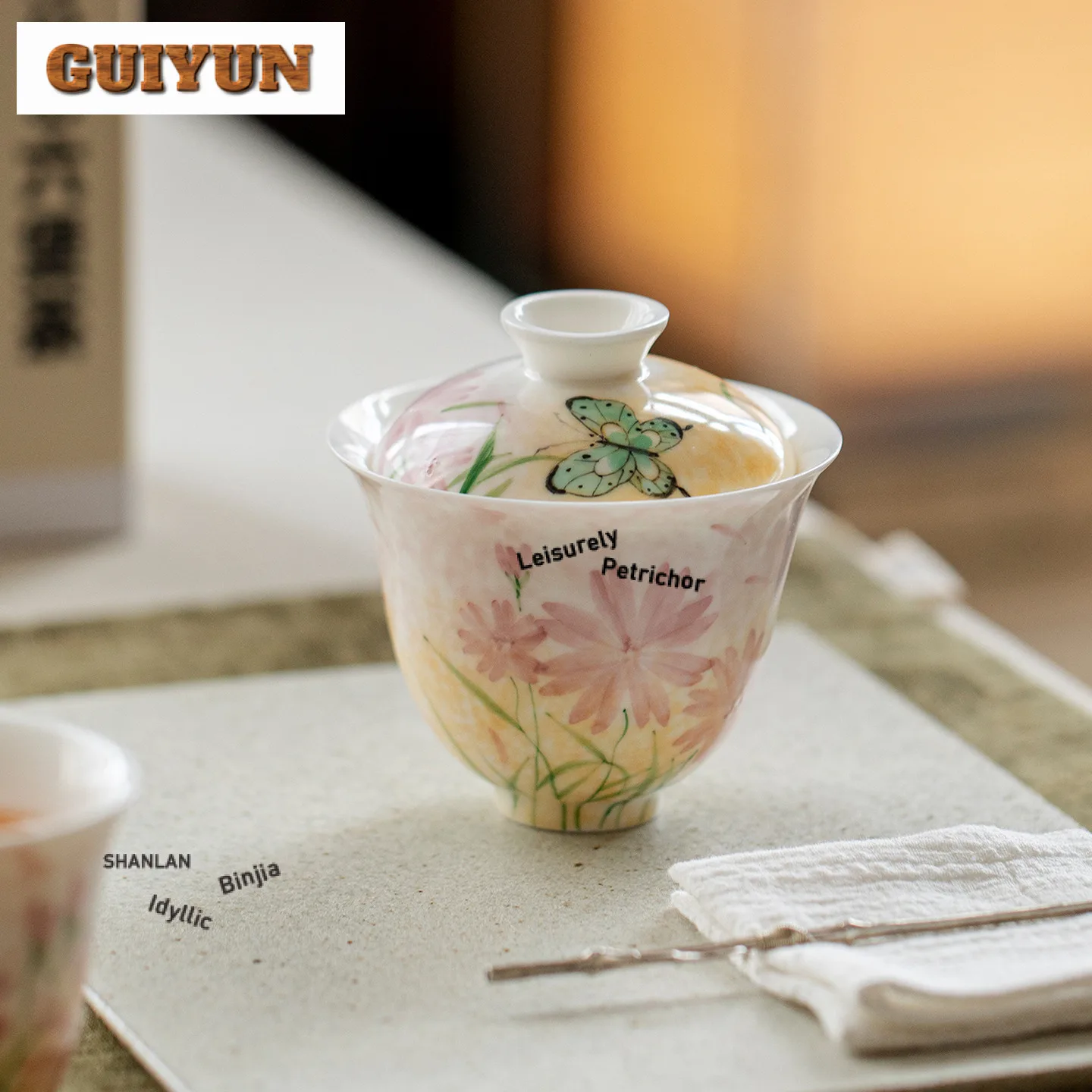 

140 мл Роскошная чайная чаша с ручной росписью «Бабочка и цветок Гавань», чайная чаша с крышкой, комплект крышки для заваривания чая, миска для чайных украшений