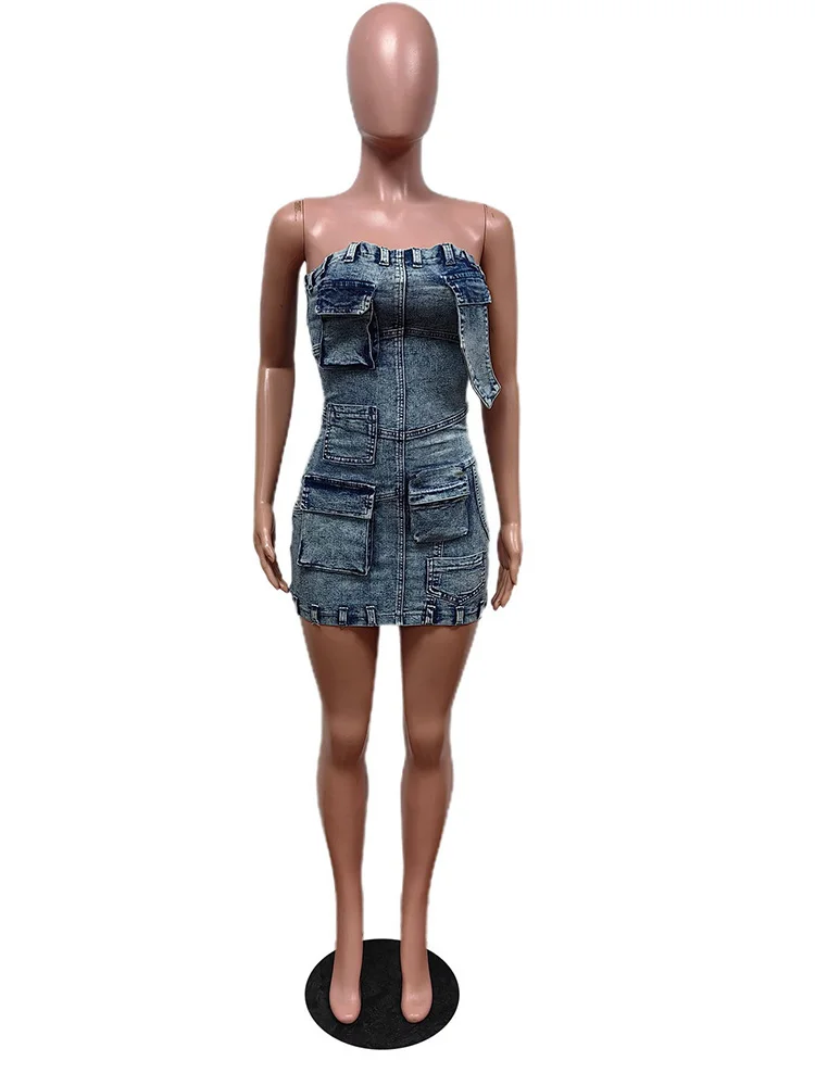 Benuynffy-Robe courte en denim cargo pour femme, streetwear sexy, fermeture éclair Y2K, poches arrière, batterie con, mini robes sans bretelles, été 2024