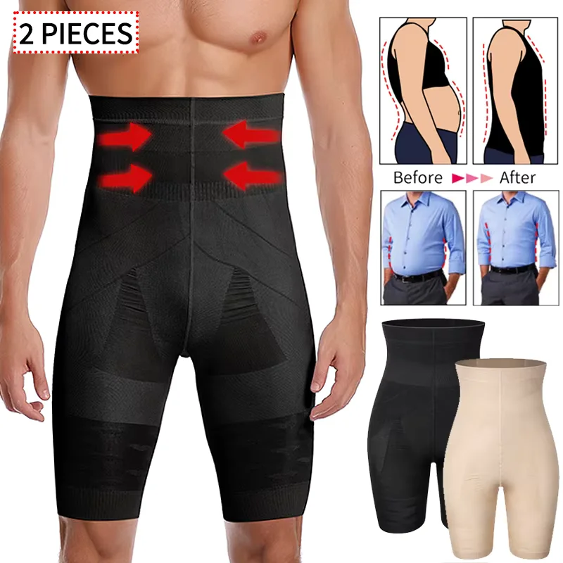

2 шт., мужские шорты для коррекции живота, корректирующее белье, пояс-боксеры с высокой талией, компрессионные трусики для ног, нижнее белье для похудения