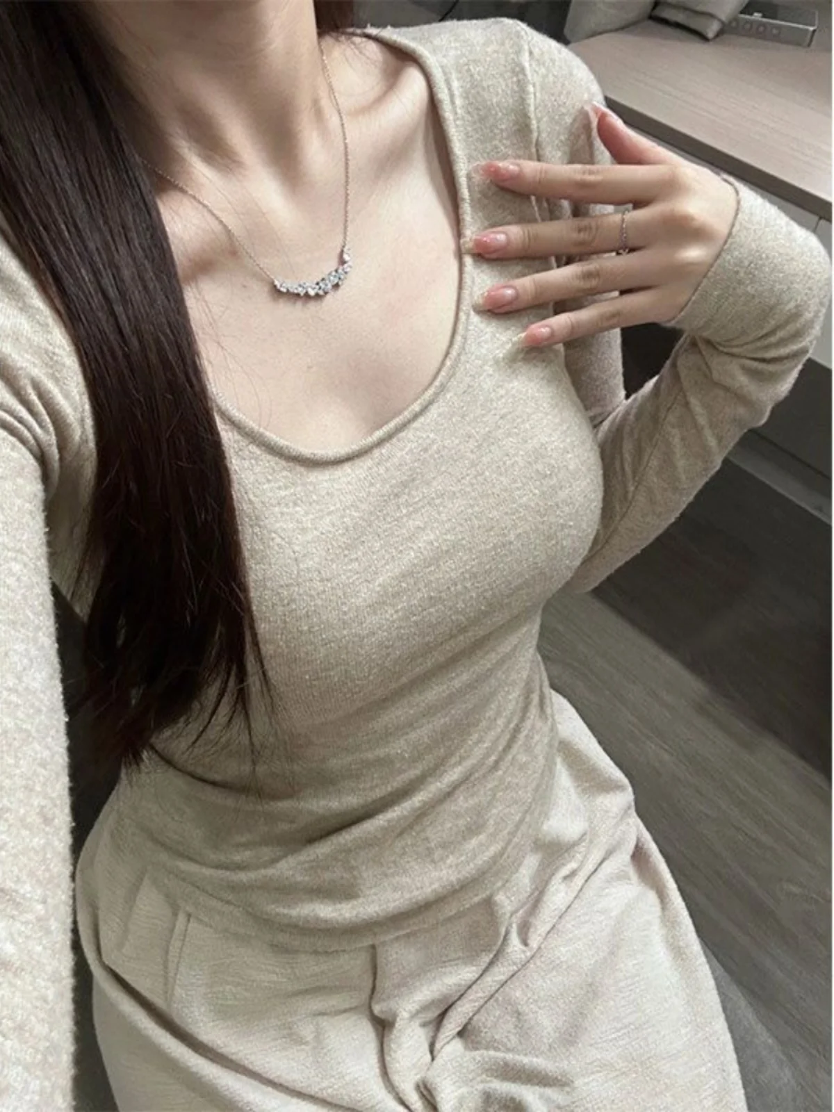 U Collar off-Shoulder Long Sleeves T-shirt Female Fall and Winter Dralon Brushed Inner Bottoming Shirt Pure Desire Sexy Silm ...