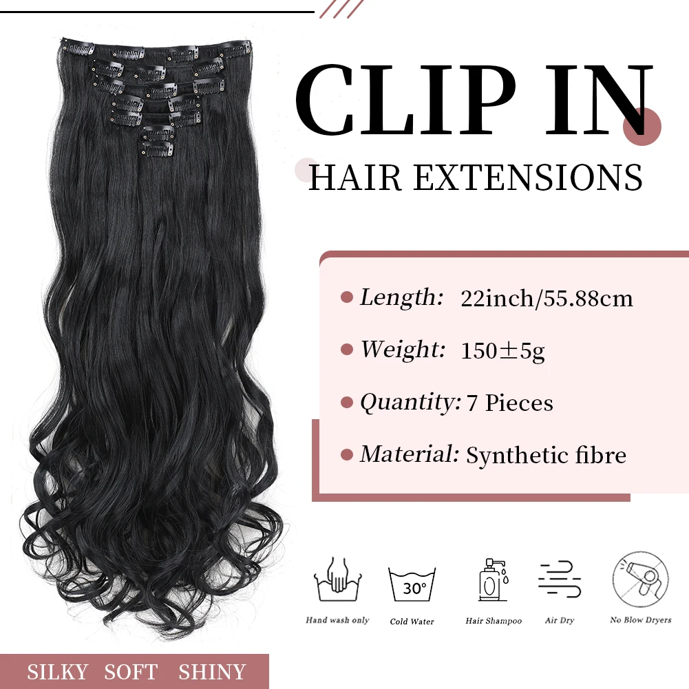 Clip in Hair Synthetic Extensions 22inch, 7PCS Natural & Soft Hair & Blends Well Lonng Wavy Hairpiece For Women