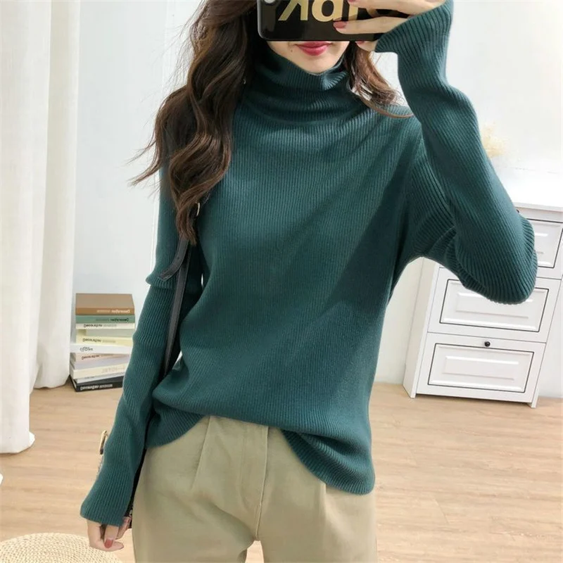 Herbst Winter Koreanische Einfache Rollkragen Alle Spiel Rippe Stricken Pullover Frauen Beiläufige Feste Lose Lange Hülse Grundlegende Weibliche Top