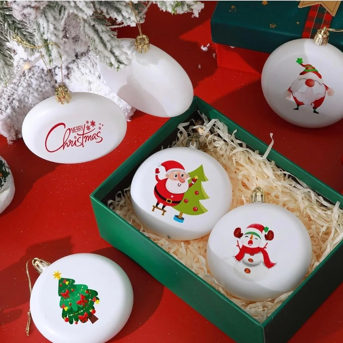 8cm DIY White Plastic Christmas Ornament Balls Flat Round Blank Baubles with Silver Hanging Rope Xmas Tree Decor Home Craft