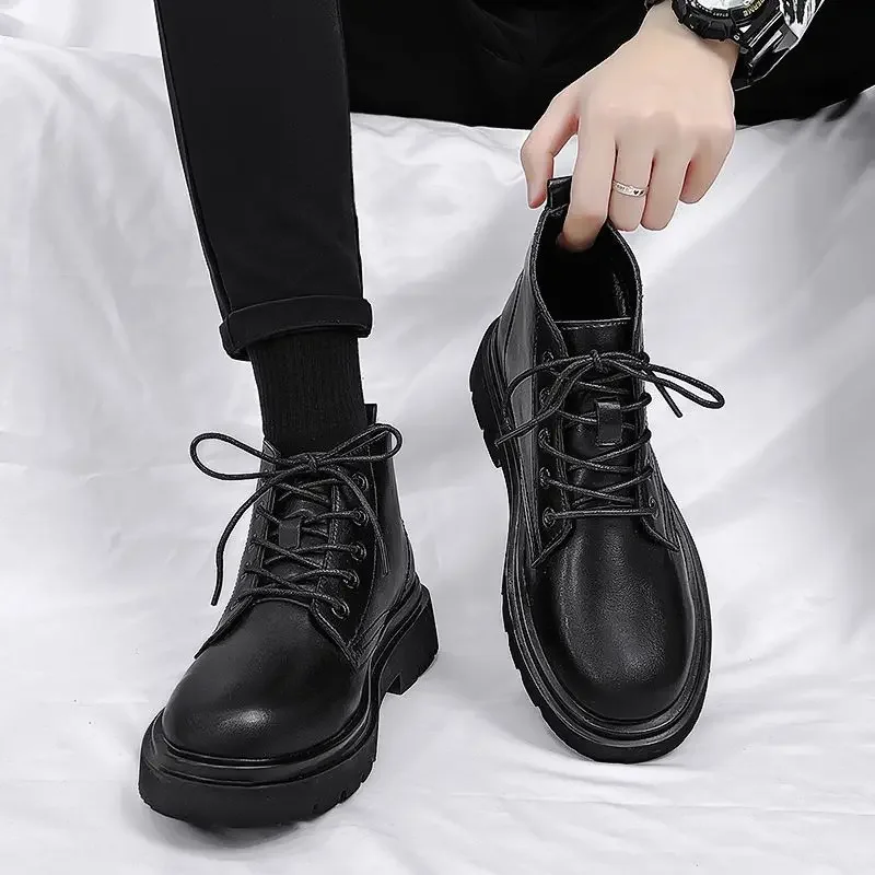 Leather Black Men High Top Lace Up Boots Autumn British Motorcycle Ins Hong Kong Couple Anti Slip Height Increase Workwear Shoes - view 5