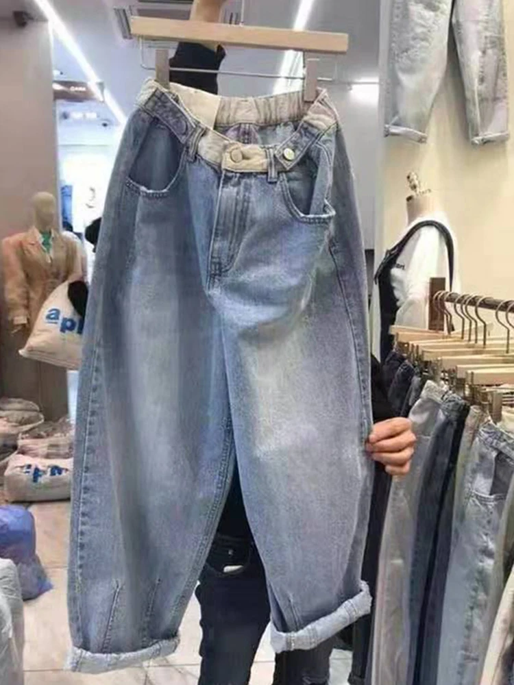 8874 Jeans streetwear alla moda in difficoltà di nuovo arrivo per le donne Pantaloni in denim blu allentati casuali dritti con cerniera a vita alta primaverile