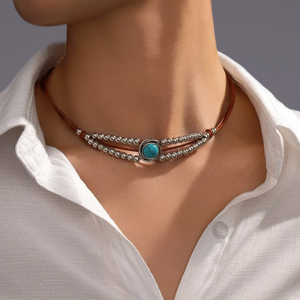Retro Ethnic Silver Color Turquoise Beaded Cowhide Leather Cord Double Layer Choker Necklaces for Women Vacation Tourism Jewelry