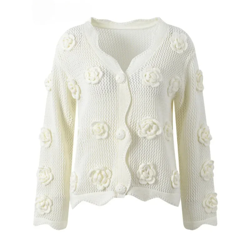 

EACA White Flowers Sweet Wisps Empty Sweater 2024 Pre-fall Casual Age Reduction All-match V-neck Sweater Jacket