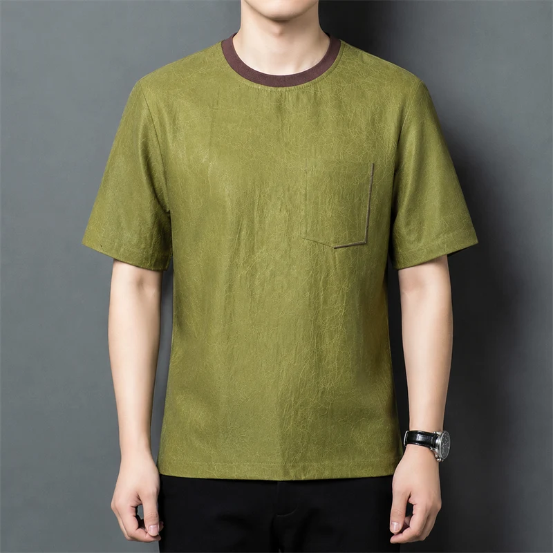 Reversible High-Price T Shirt For Men Short Sleeve Real Silk 100% Summer Quality Lightweight Coolness Pocket Camisetas De Hombre