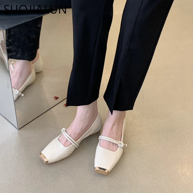 SUOJIALUN 2023 Autumn Women Flat Shoes Fashion Gold Square Toe Ladies Ballet Shoes Soft Casual Flat Dress Outdoor Mary Jane Shoe