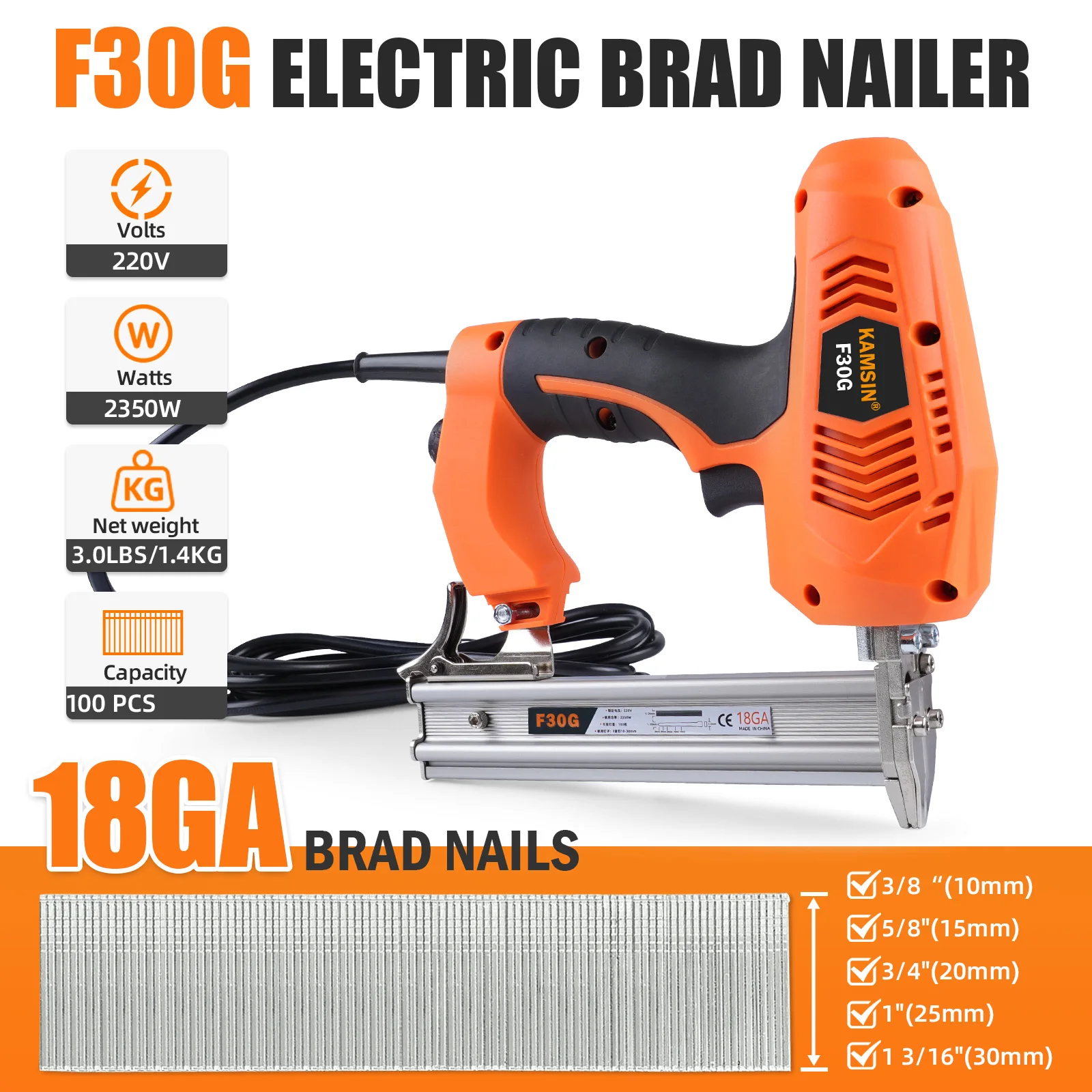 

F30G 18 Gauge Electric Brad Nailer, 3/8-inch to 1-3/16-inch (10-30mm) Brad Nails, Electric Brad Nail Gun with Seperated Muzzle D