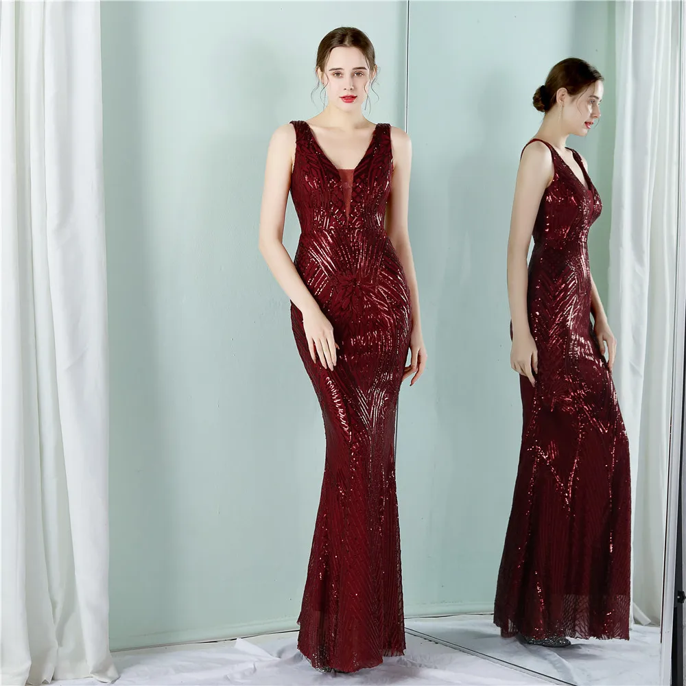 

Graceful Mermaid Burgundy Sequined Evening Dress V Neck Floor Length Long Elastic Women Wedding Party Gowns Plus Size In Stock