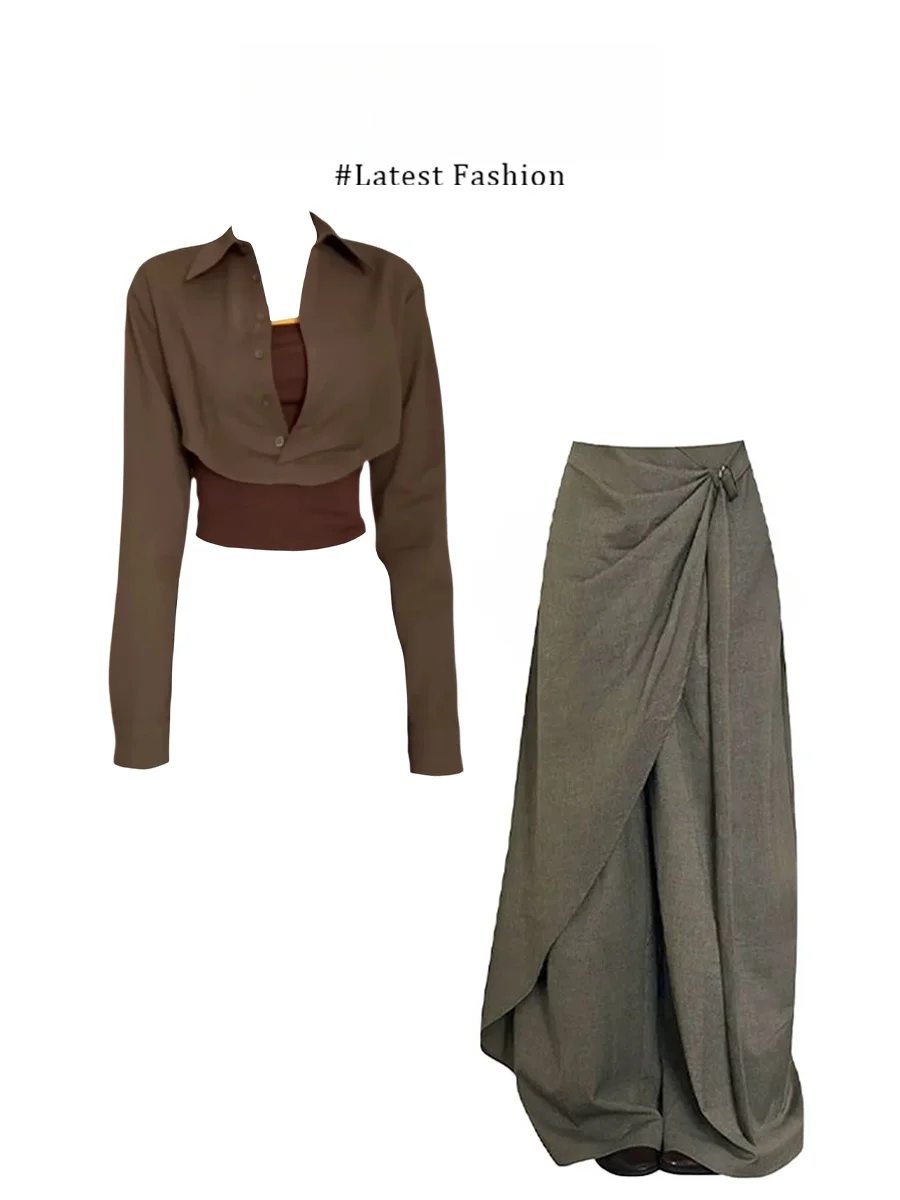 Parkyeon Summer Casual Style Fake Two-Piece Shirt Wide Leg Pants Set Women's Fashion Queen Look Ensemble mid Waist Long Pants
